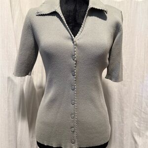 Elie Tahari Light Teal Ribbed Collared Top